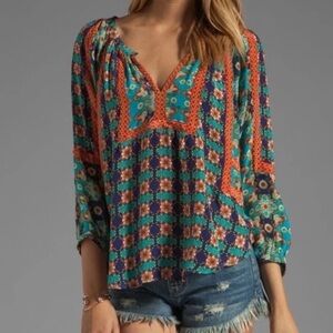 Tolani Top S Small Silk Turo Floral Blue Peasant Gypsy Boho Long Sleeve Pullover